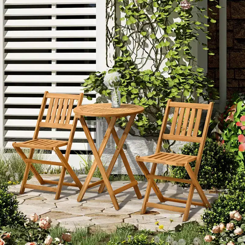 Outsunny Ensemble table de bistrot et chaises de jardin 2 places, table de patio en bois d'acacia, chaises pliantes en bois, vernies, ensemble de mobilier d'extérieur 3 pièces, à lattes, teck