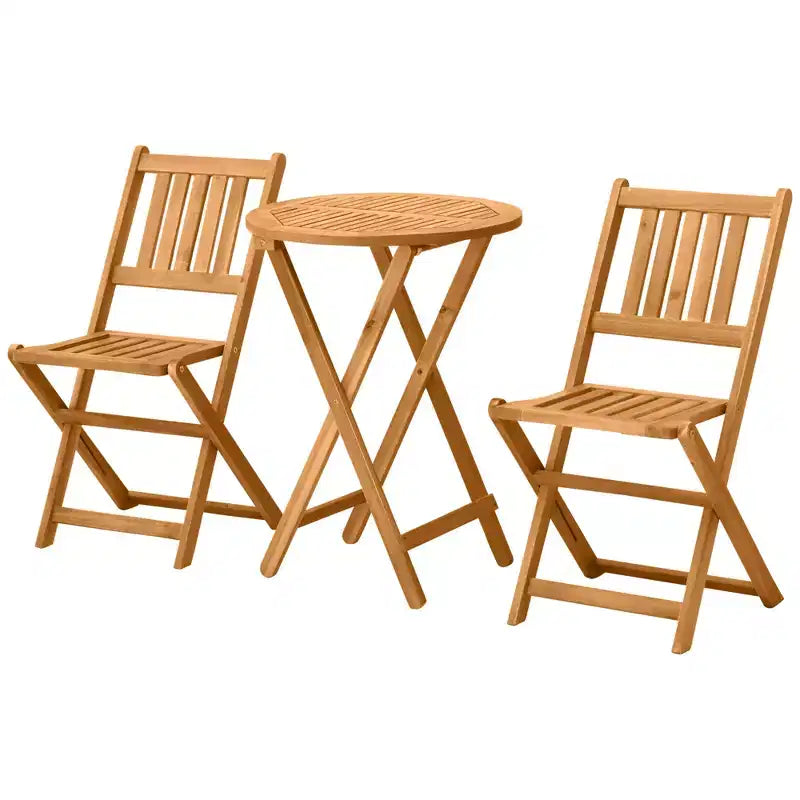 Outsunny Ensemble table de bistrot et chaises de jardin 2 places, table de patio en bois d'acacia, chaises pliantes en bois, vernies, ensemble de mobilier d'extérieur 3 pièces, à lattes, teck