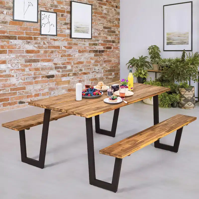 Costway Patented Picnic Table with 2 Benches 70'' Dining Table Set with Seats and Umbrella Hole