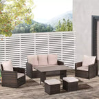Outsunny 6 PCS Patio Dining Set All Weather Rattan Wicker Furniture Set with Wood Grain Top Table and Soft Cushions