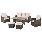 Outsunny 6 PCS Patio Dining Set All Weather Rattan Wicker Furniture Set with Wood Grain Top Table and Soft Cushions