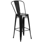 Merrick Lane Outdoor Dining Set with 24 Round Table and Slatted Back Bar Stools with Footrests