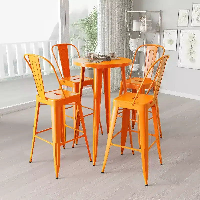 Merrick Lane Outdoor Dining Set with 24 Round Table and Slatted Back Bar Stools with Footrests