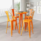 Merrick Lane Outdoor Dining Set with 24 Round Table and Slatted Back Bar Stools with Footrests