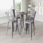 Merrick Lane Outdoor Dining Set with 24 Round Table and Slatted Back Bar Stools with Footrests