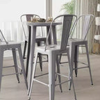 Merrick Lane Outdoor Dining Set with 24 Round Table and Slatted Back Bar Stools with Footrests