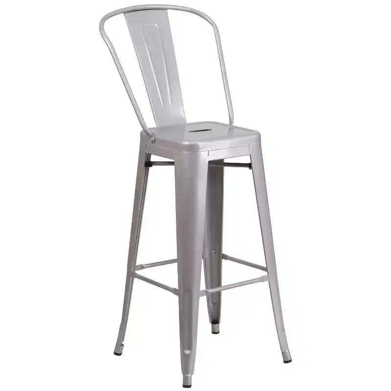 Merrick Lane Outdoor Dining Set with 24 Round Table and Slatted Back Bar Stools with Footrests