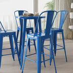 Merrick Lane Outdoor Dining Set with 24 Round Table and Slatted Back Bar Stools with Footrests