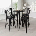 Merrick Lane Outdoor Dining Set with 24 Round Table and Slatted Back Bar Stools with Footrests