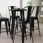 Merrick Lane Outdoor Dining Set with 24 Round Table and Slatted Back Bar Stools with Footrests