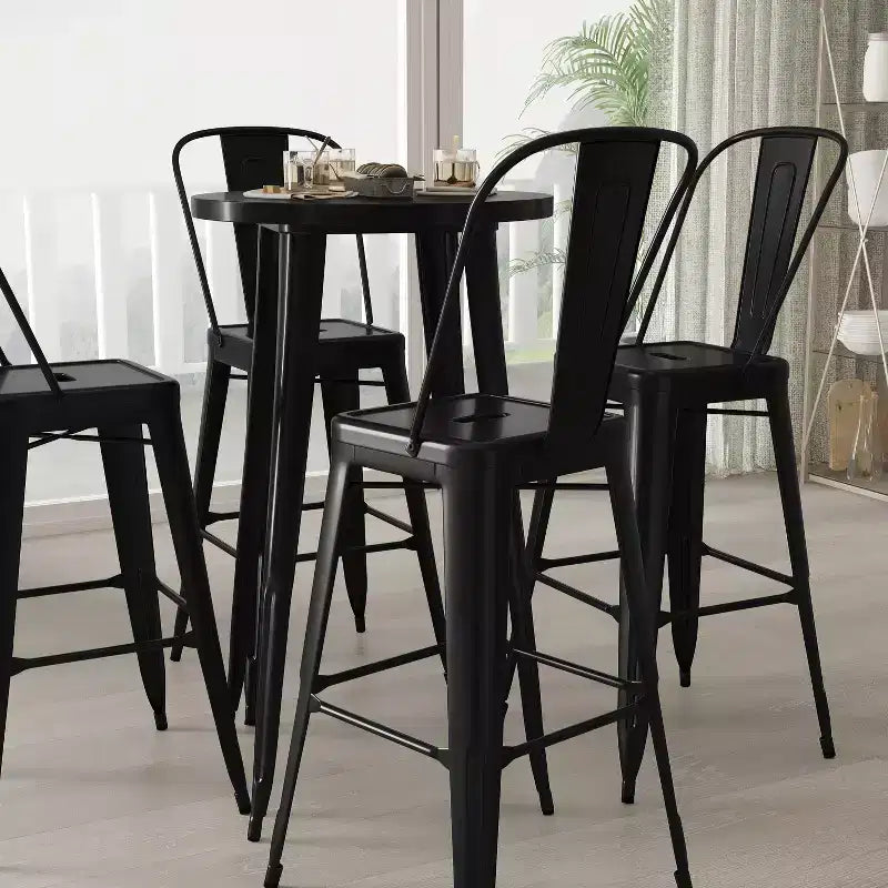Merrick Lane Outdoor Dining Set with 24 Round Table and Slatted Back Bar Stools with Footrests