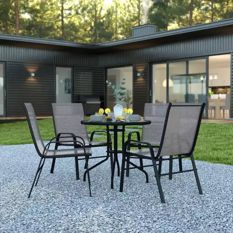 Flash Furniture 5 Piece Outdoor Patio Dining Set - Tempered Glass Patio Table, 4 Flex Comfort Stack Chairs