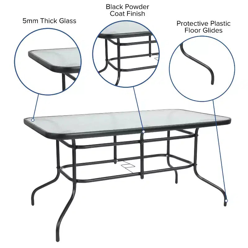 Flash Furniture Ensemble de salle à manger d'extérieur 5 pièces - Table de patio en verre trempé de 55 avec trou pour parasol, 4 chaises empilables à lattes en aluminium et métal noir