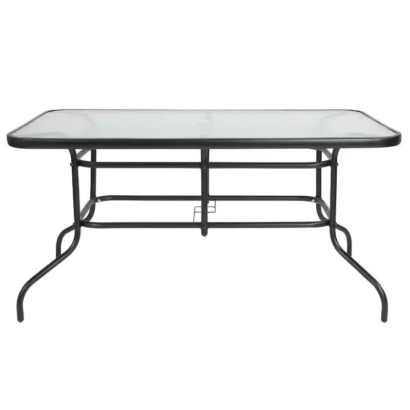 Flash Furniture Ensemble de salle à manger d'extérieur 5 pièces - Table de patio en verre trempé de 55 avec trou pour parasol, 4 chaises empilables à lattes en aluminium et métal noir