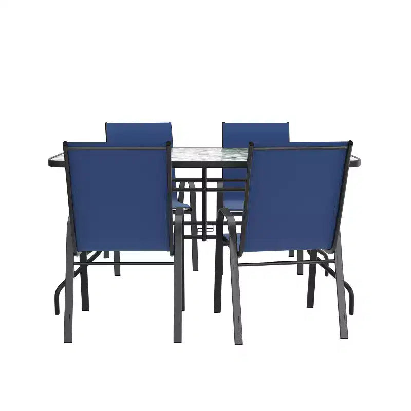 Ensemble de salle à manger d'extérieur 5 pièces Flash Furniture Brazos - Table de patio en verre trempé, 4 chaises empilables Flex Comfort