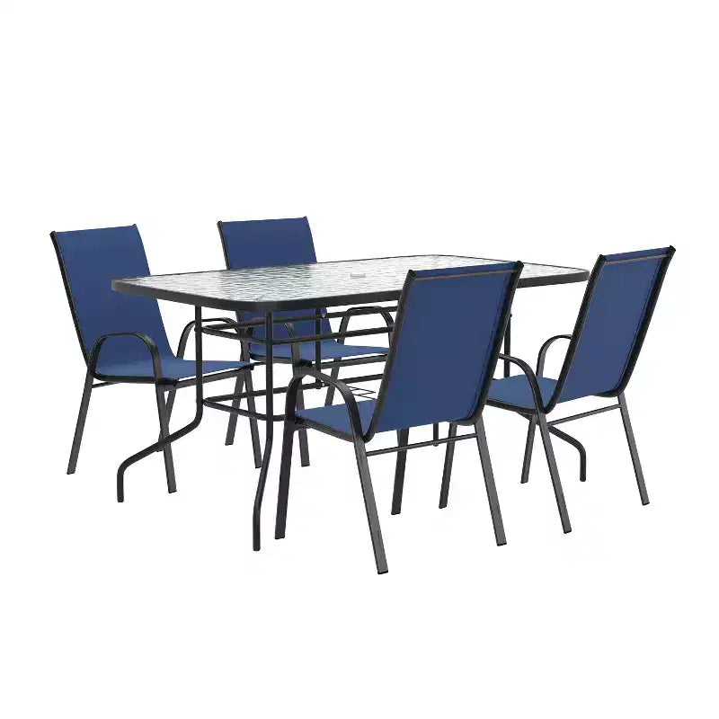 Ensemble de salle à manger d'extérieur 5 pièces Flash Furniture Brazos - Table de patio en verre trempé, 4 chaises empilables Flex Comfort