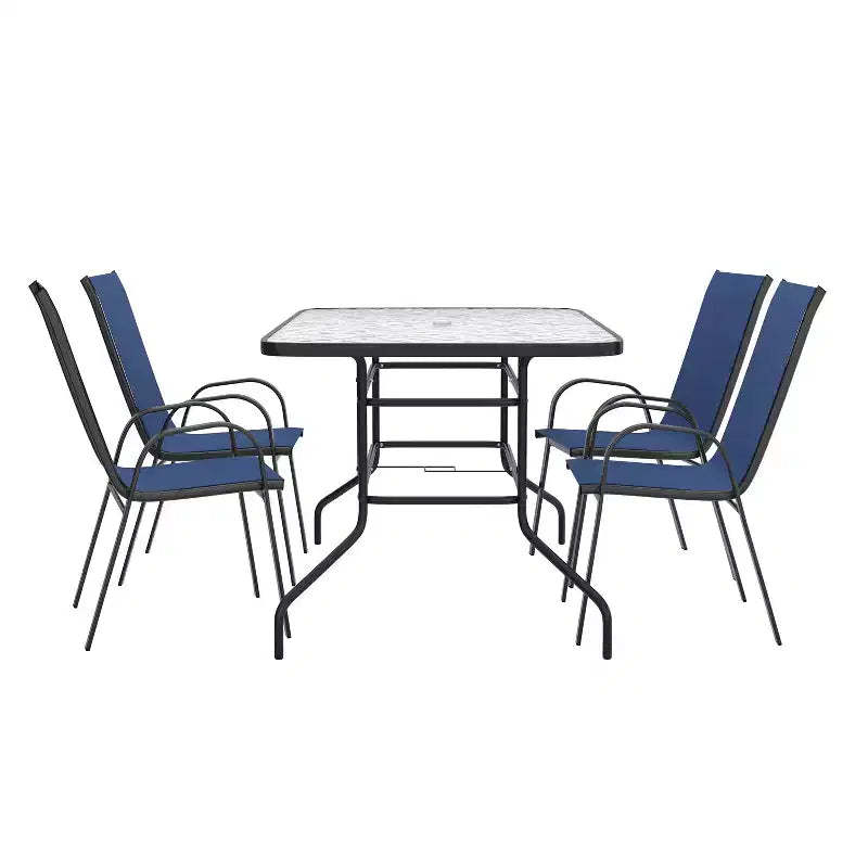 Ensemble de salle à manger d'extérieur 5 pièces Flash Furniture Brazos - Table de patio en verre trempé, 4 chaises empilables Flex Comfort