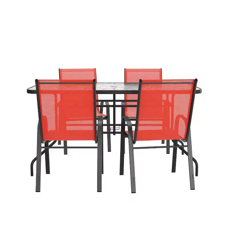 Ensemble de salle à manger d'extérieur 5 pièces Flash Furniture Brazos - Table de patio en verre trempé, 4 chaises empilables Flex Comfort