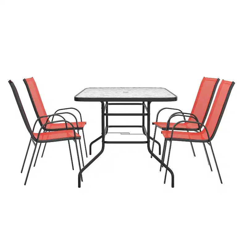 Ensemble de salle à manger d'extérieur 5 pièces Flash Furniture Brazos - Table de patio en verre trempé, 4 chaises empilables Flex Comfort