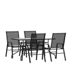 Ensemble de salle à manger d'extérieur 5 pièces Flash Furniture Brazos - Table de patio en verre trempé, 4 chaises empilables Flex Comfort