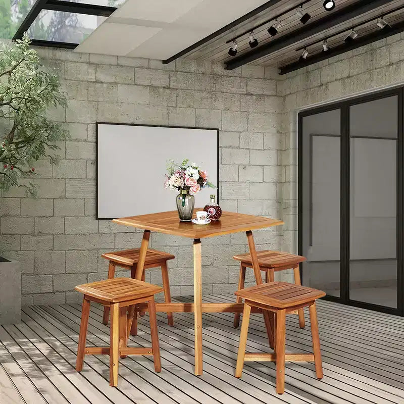 Costway Ensemble de salle à manger d'extérieur 5 pièces en acacia avec table carrée et 4 tabourets marron rougeâtre