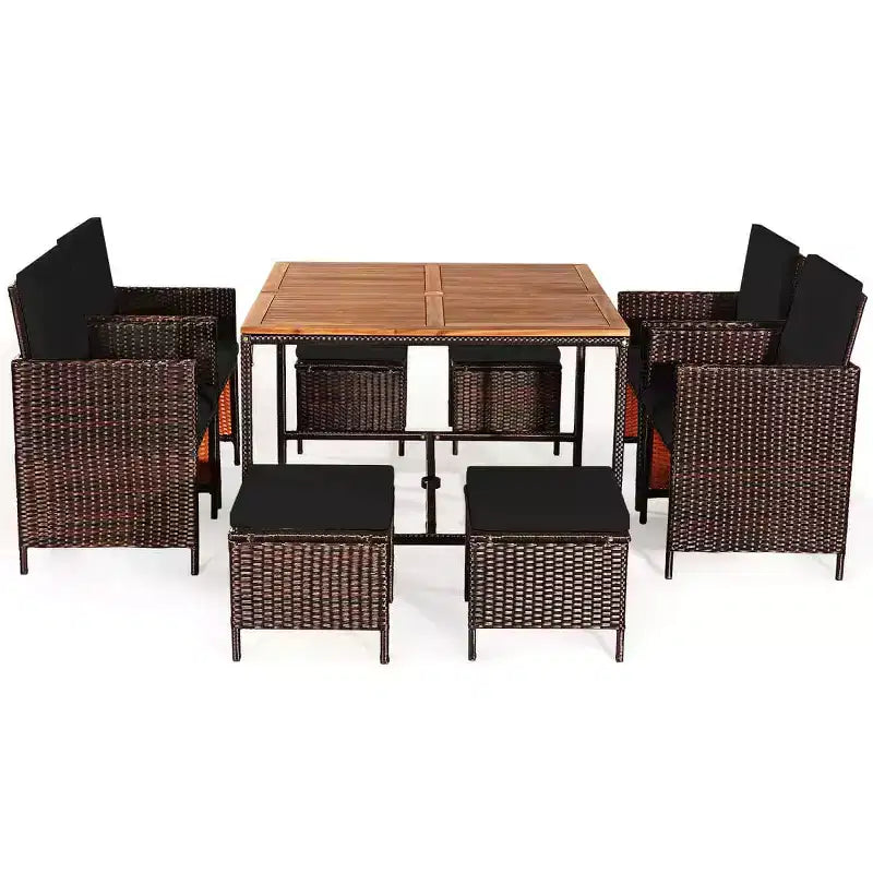 Costway Ensemble de salle à manger d'extérieur 9 pièces en rotin, chaises rembourrées, pouf, plateau de table en bois blanc/rouge/noir
