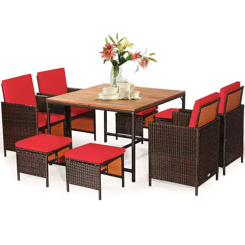 Costway Ensemble de salle à manger d'extérieur 9 pièces en rotin, chaises rembourrées, pouf, plateau de table en bois blanc/rouge/noir