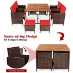 Costway Ensemble de salle à manger d'extérieur 9 pièces en rotin, chaises rembourrées, pouf, plateau de table en bois blanc/rouge/noir