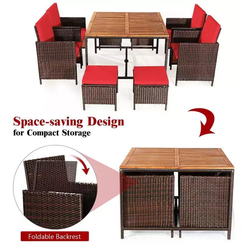 Costway Ensemble de salle à manger d'extérieur 9 pièces en rotin, chaises rembourrées, pouf, plateau de table en bois blanc/rouge/noir