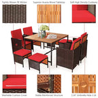 Costway Ensemble de salle à manger d'extérieur 9 pièces en rotin, chaises rembourrées, pouf, plateau de table en bois blanc/rouge/noir