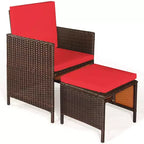 Costway Ensemble de salle à manger d'extérieur 9 pièces en rotin, chaises rembourrées, pouf, plateau de table en bois blanc/rouge/noir
