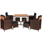 Costway Ensemble de salle à manger d'extérieur 9 pièces en rotin, chaises rembourrées, pouf, plateau de table en bois blanc/rouge/noir