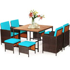 Costway Ensemble de salle à manger d'extérieur 9 pièces en rotin, chaises rembourrées, pouf, plateau de table en bois blanc/rouge/noir