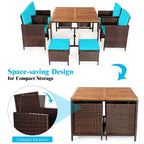 Costway Ensemble de salle à manger d'extérieur 9 pièces en rotin, chaises rembourrées, pouf, plateau de table en bois blanc/rouge/noir