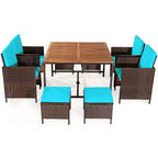 Costway Ensemble de salle à manger d'extérieur 9 pièces en rotin, chaises rembourrées, pouf, plateau de table en bois blanc/rouge/noir