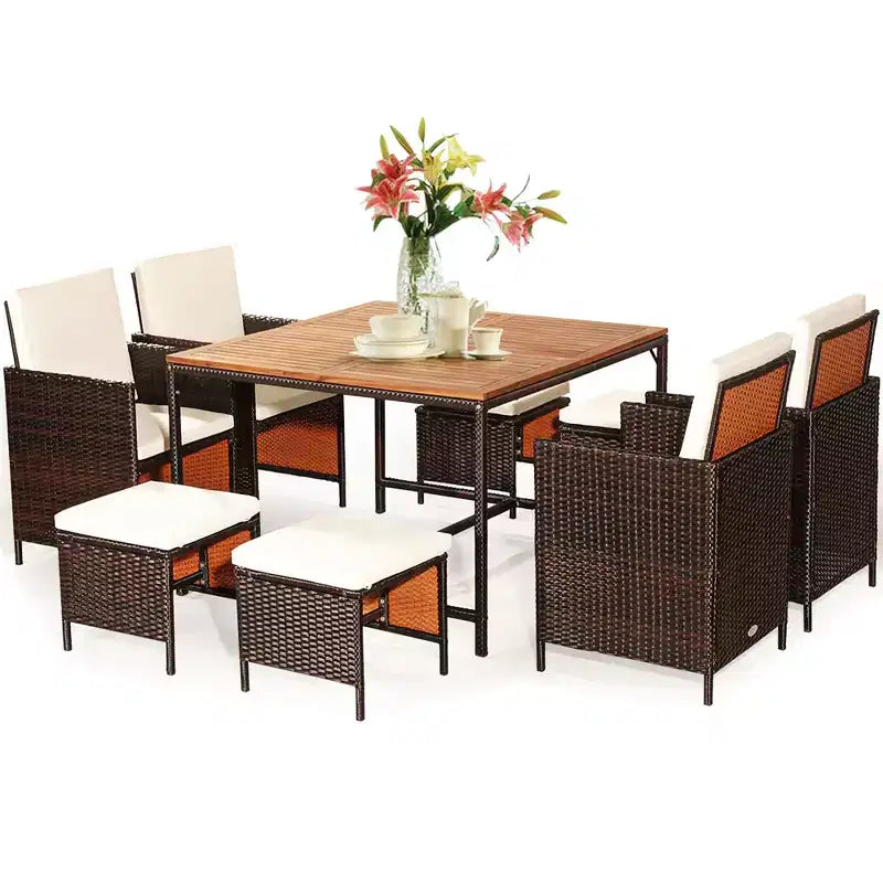 Costway Ensemble de salle à manger d'extérieur 9 pièces en rotin, chaises rembourrées, pouf, plateau de table en bois blanc/rouge/noir