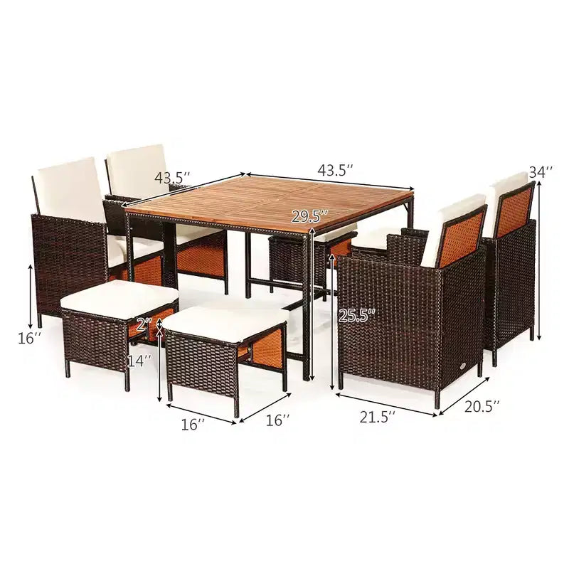 Costway Ensemble de salle à manger d'extérieur 9 pièces en rotin, chaises rembourrées, pouf, plateau de table en bois blanc/rouge/noir