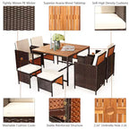 Costway Ensemble de salle à manger d'extérieur 9 pièces en rotin, chaises rembourrées, pouf, plateau de table en bois blanc/rouge/noir