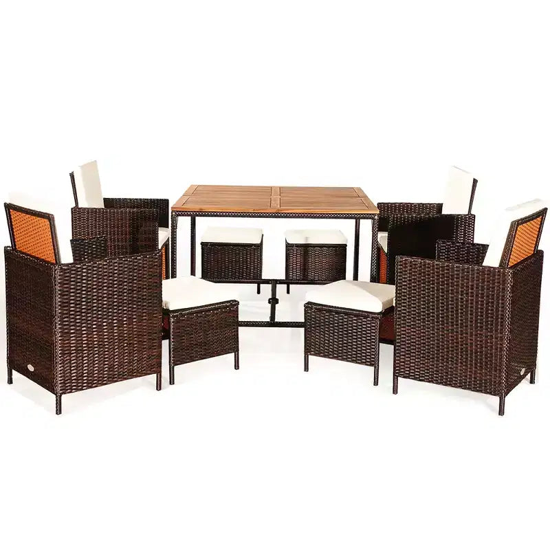 Costway Ensemble de salle à manger d'extérieur 9 pièces en rotin, chaises rembourrées, pouf, plateau de table en bois blanc/rouge/noir