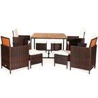 Costway Ensemble de salle à manger d'extérieur 9 pièces en rotin, chaises rembourrées, pouf, plateau de table en bois blanc/rouge/noir