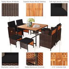 Costway Ensemble de salle à manger d'extérieur 9 pièces en rotin, chaises rembourrées, pouf, plateau de table en bois blanc/rouge/noir
