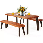 Costway 3 Pieces Picnic Table Set Acacia Wood Table Bench with Steel Legs Outdoor Patio
