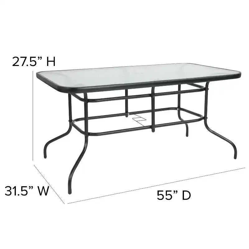 Emma and Oliver 7 Piece Patio Table & Chairs Set with 31.5x55 Rectangular Metal Table with Tempered Glass Top and 6 Black Aluminum Stacking Chairs