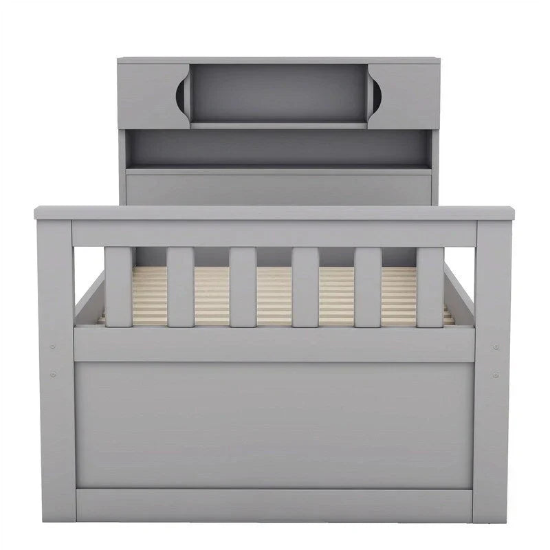 Letto a piattaforma Twin/Full Size Captain con 4 cassetti e mensole portaoggetti, struttura letto in legno massello con testiera libreria contenitore