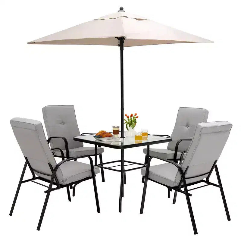Costway 6PCS Patio Dining Set Stackable Chairs Cushioned Glass Table W/Umbrella
