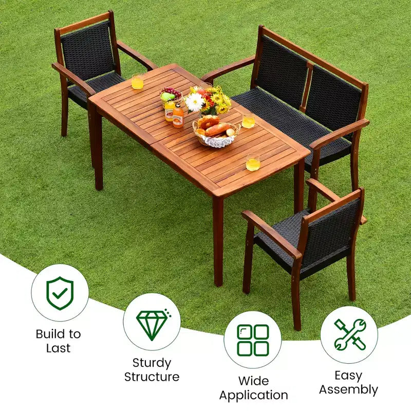 Costway 4PCS Patio Rattan Dining Furniture Set Acacia Wood Frame Stackable Chair Loveseat