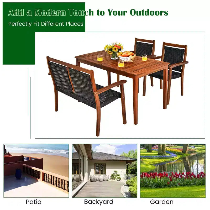 Costway 4PCS Patio Rattan Dining Furniture Set Acacia Wood Frame Stackable Chair Loveseat
