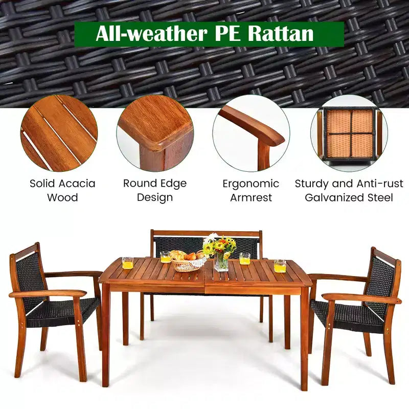 Costway 4PCS Patio Rattan Dining Furniture Set Acacia Wood Frame Stackable Chair Loveseat