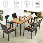 Costway 7 PCS Patio Rattan Dining Set Acacia Wood Table Top Stackable Chair