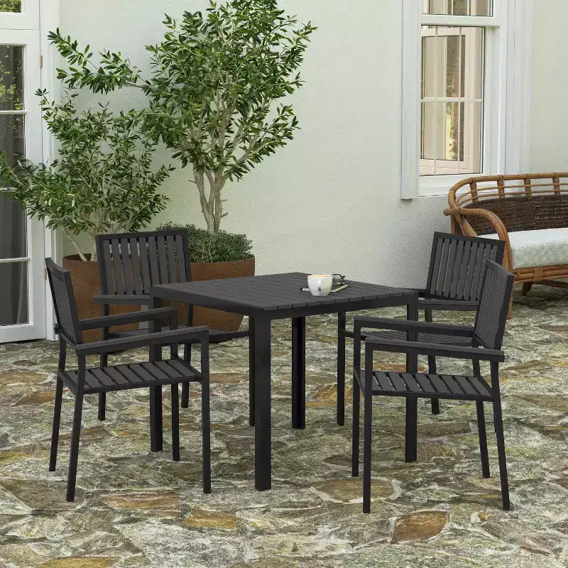 Ensemble de salle à manger 5 pièces Merrick Lane pour l'intérieur/l'extérieur avec table et quatre chaises à lattes en résine noire